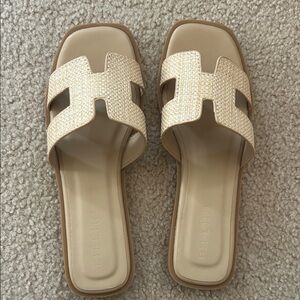 Billini Tan and White Slide Sandals